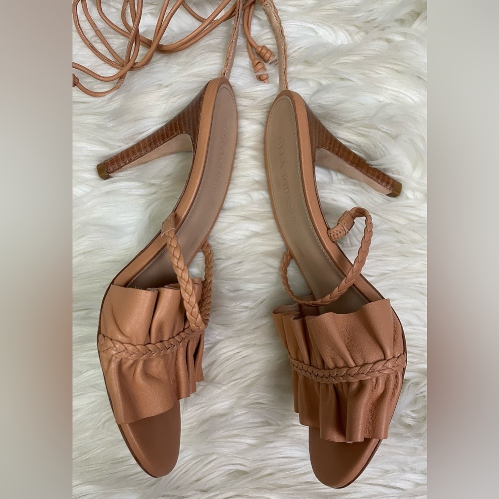 Ulla Johnson Floral Ruffle Strappy Leather Sandals Heels Brown Size 37/ US 6.5 - Picture 4 of 6